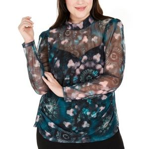 NWT INC Womens Plus L Multicolor Tie Dye Mesh Mock Neck Lined Blouse Top BZ83